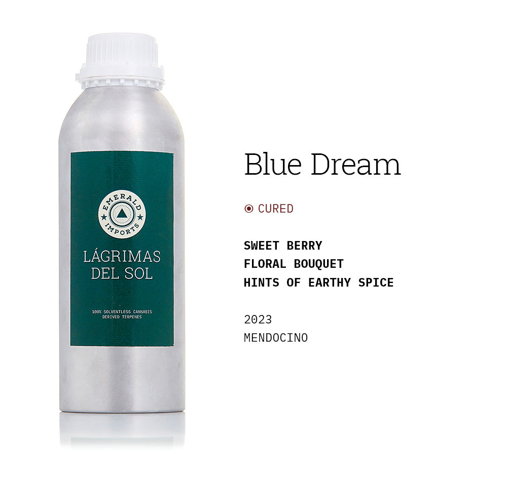 1000ml aluminum bottle with emerald green label, filled with organic Blue Dream solventless cannabis terpenes