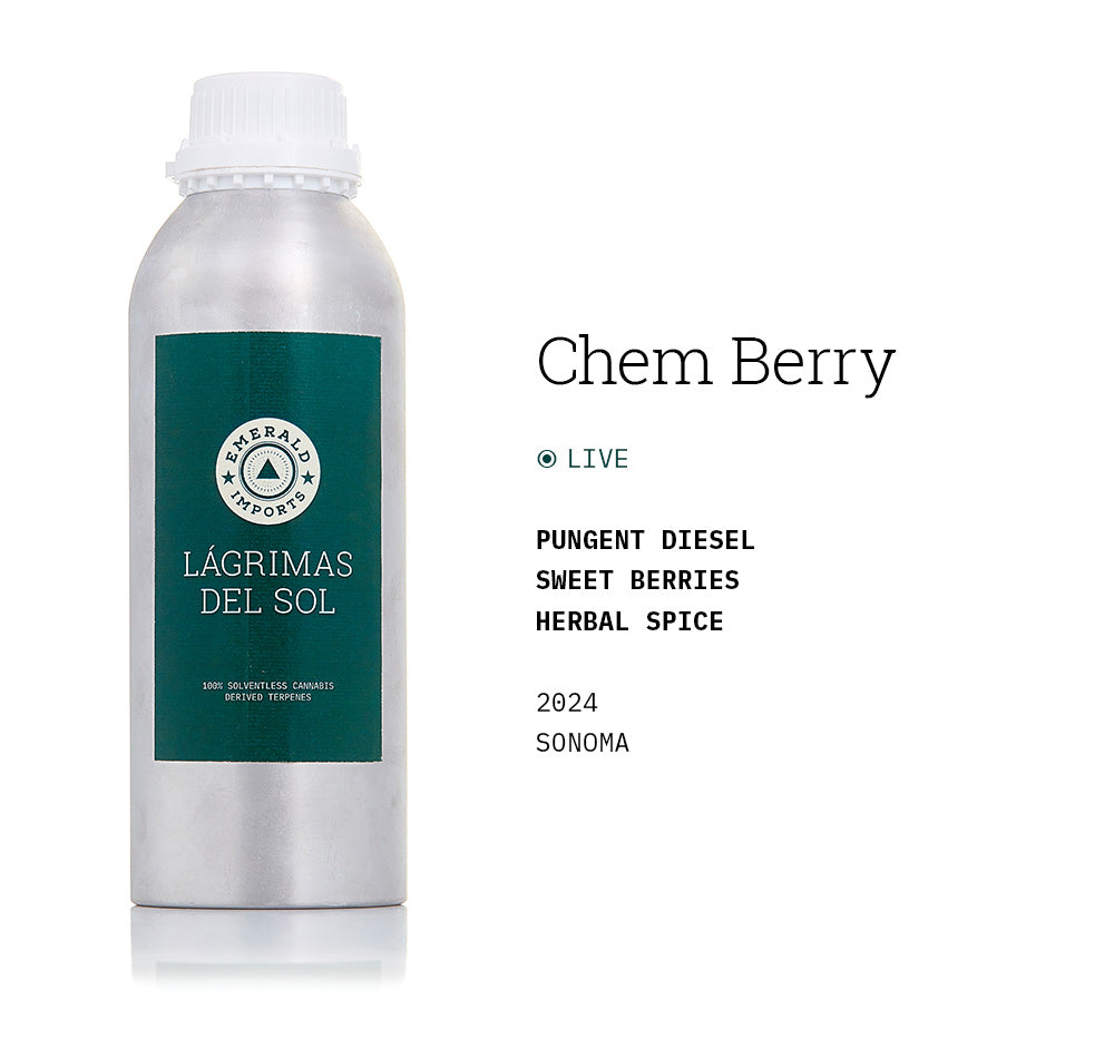 1000ml aluminum bottle with emerald green label, filled with organic Chemberry solventless cannabis terpenes