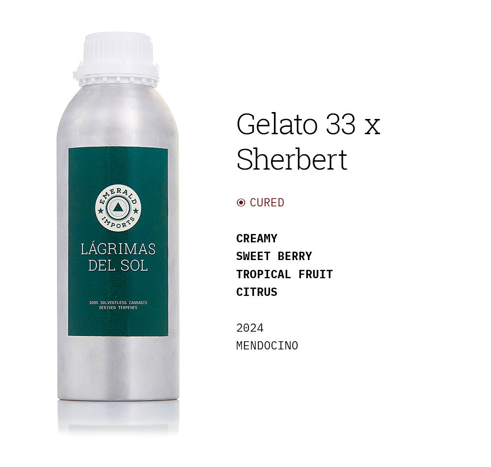 1000ml aluminum bottle with emerald green label, filled with organic Gelato 33 x Sherbert solventless cannabis terpenes