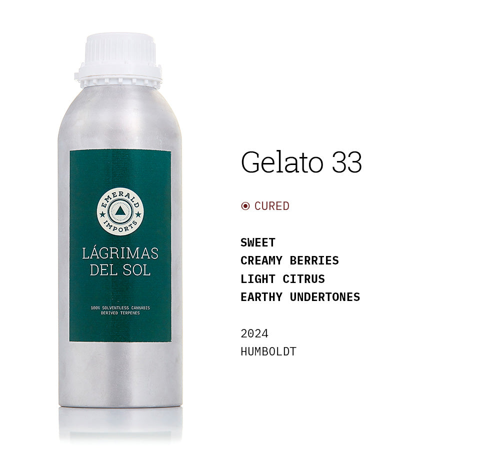 1000ml aluminum bottle with emerald green label, filled with organic Gelato 33 solventless cannabis terpenes