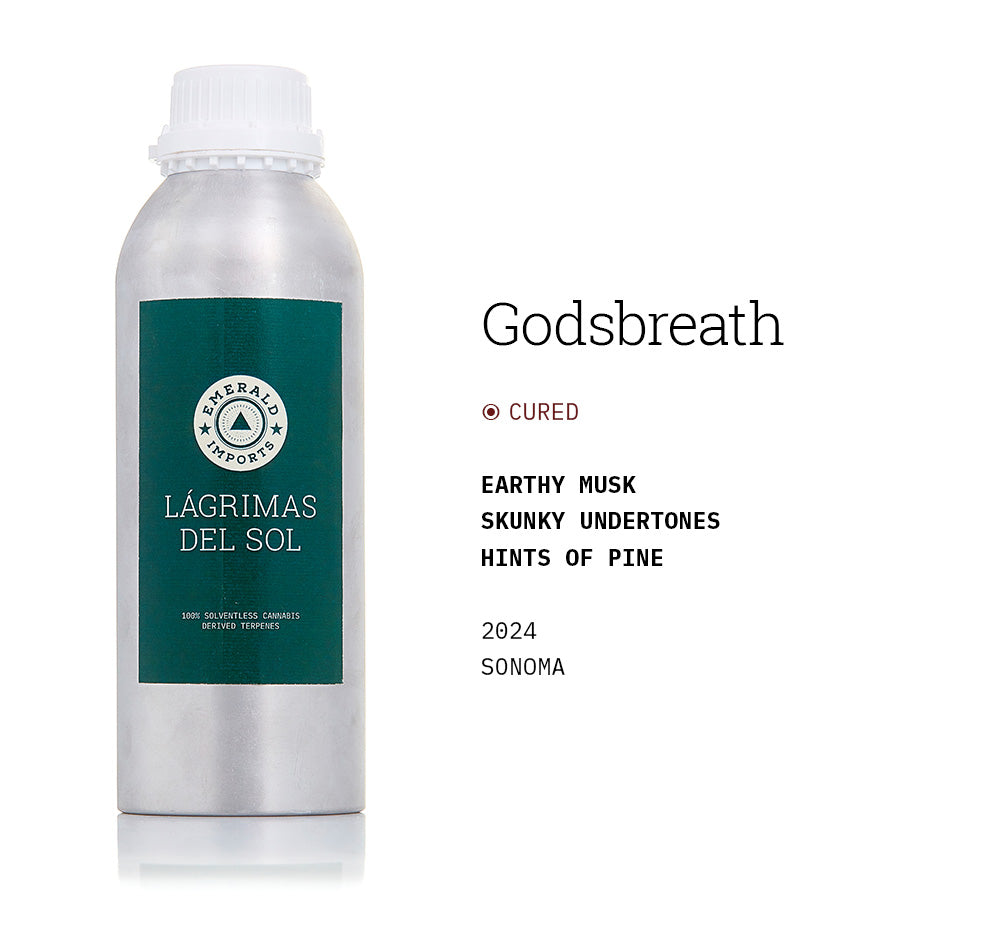 1000ml aluminum bottle with emerald green label, filled with organic Godsbreath solventless cannabis terpenes