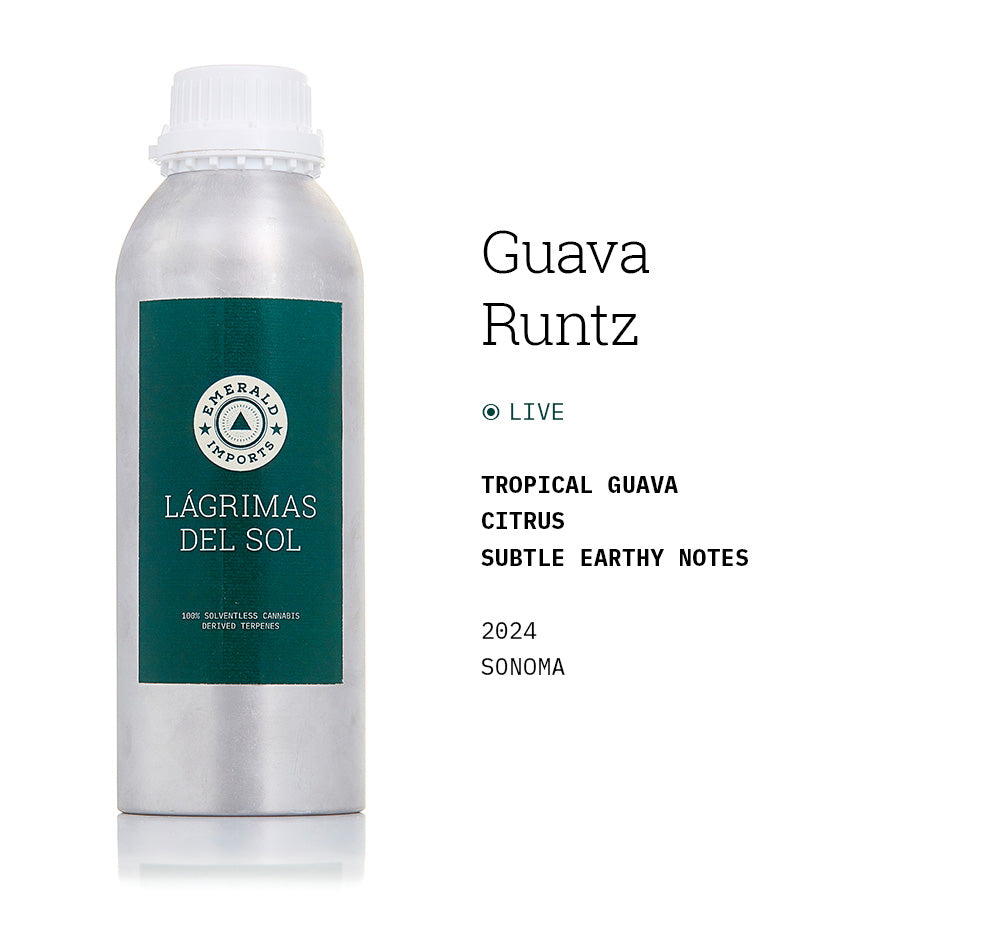 1000ml aluminum bottle with emerald green label, filled with organic Guava Runtz solventless cannabis terpenes