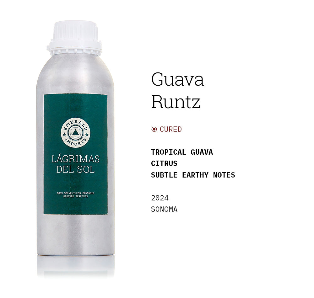 1000ml aluminum bottle with emerald green label, filled with organic Guava Runtz Cured solventless cannabis terpenes