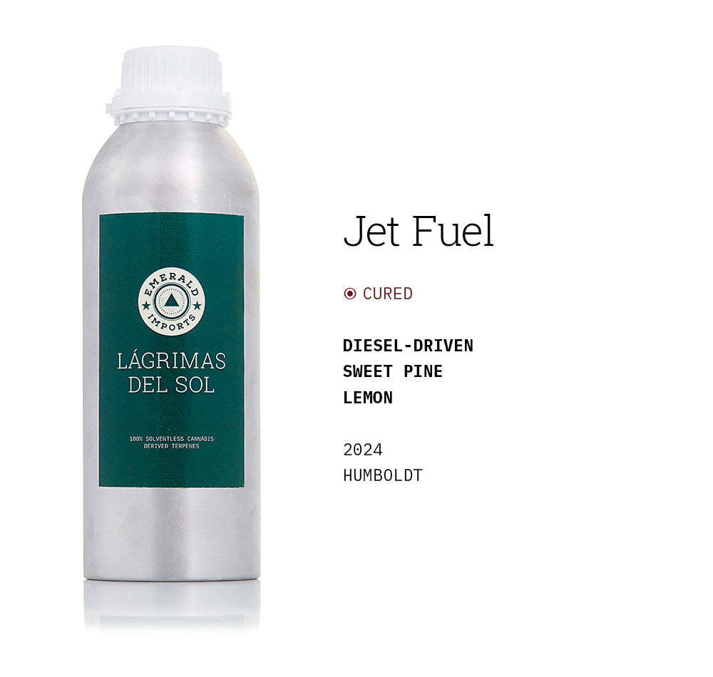 1000ml aluminum bottle with emerald green label, filled with organic Jet Fuel solventless cannabis terpenes