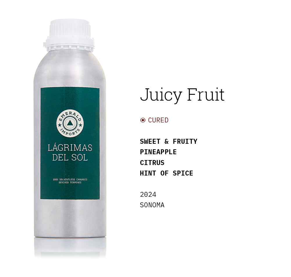 1000ml aluminum bottle with emerald green label, filled with organic Juicy Fruit solventless cannabis terpenes