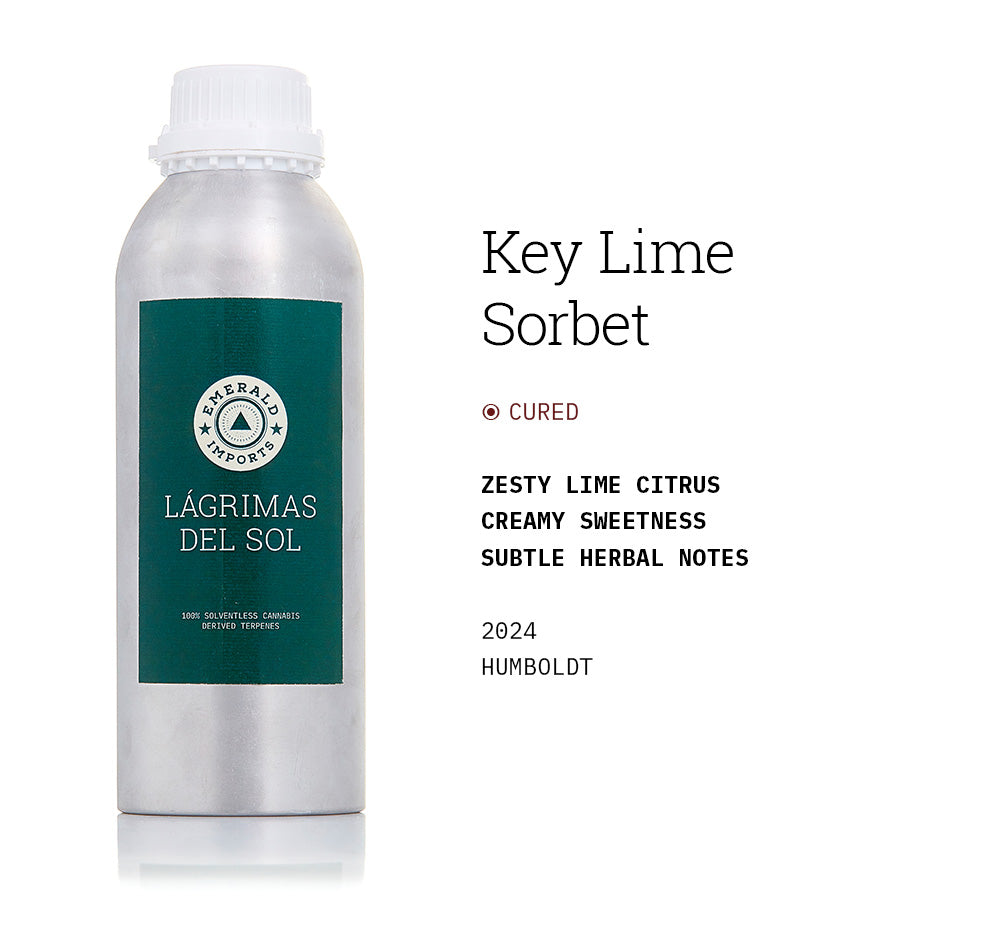 1000ml aluminum bottle with emerald green label, filled with organic Key Lime Sorbet solventless cannabis terpenes