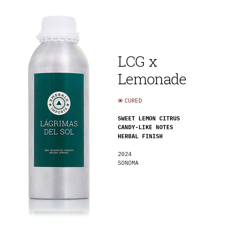 1000ml aluminum bottle with emerald green label, filled with organic LCG x Lemonade solventless cannabis terpenes