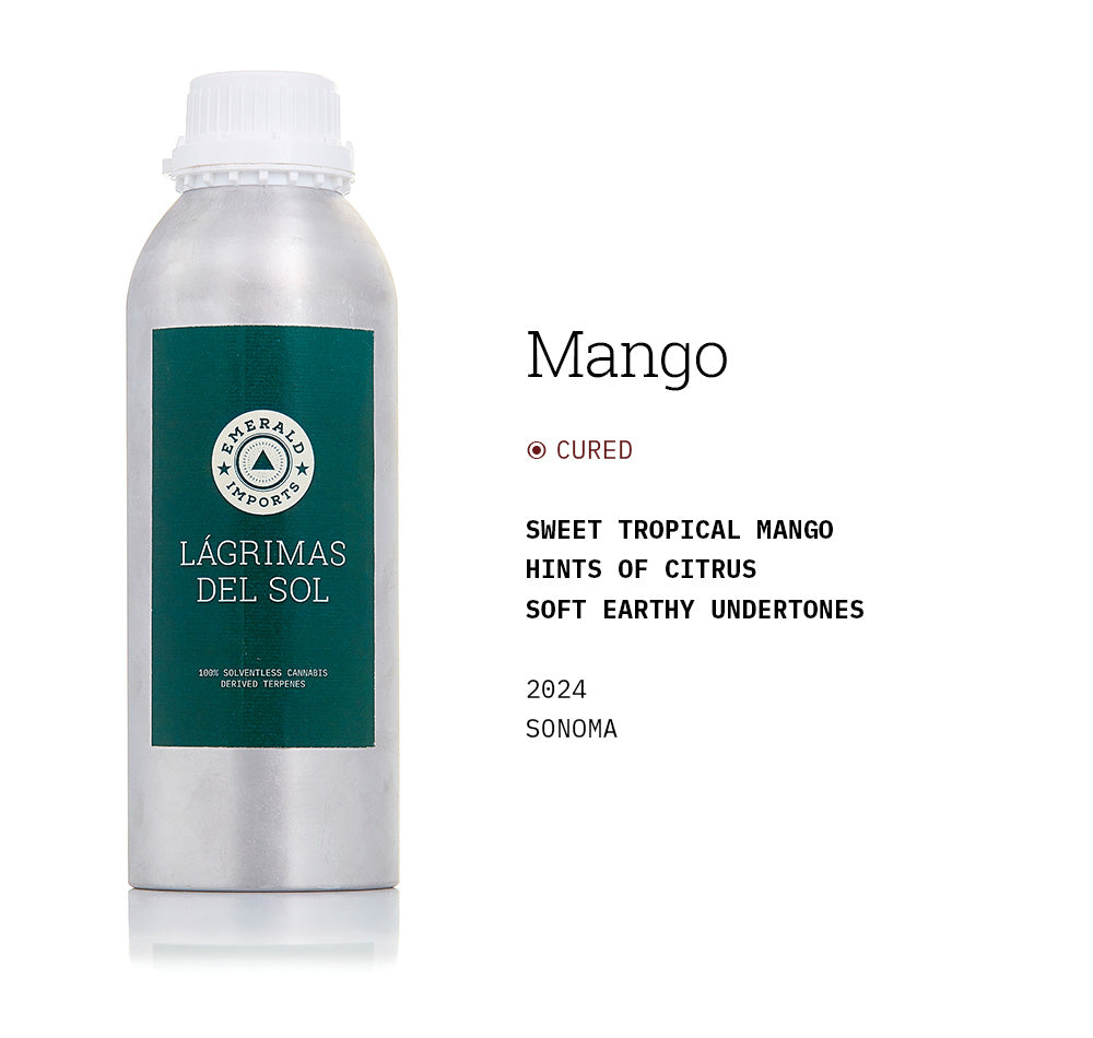 1000ml aluminum bottle with emerald green label, filled with organic Mango solventless cannabis terpenes