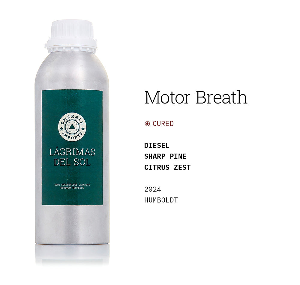 1000ml aluminum bottle with emerald green label, filled with organic Motor Breath solventless cannabis terpenes