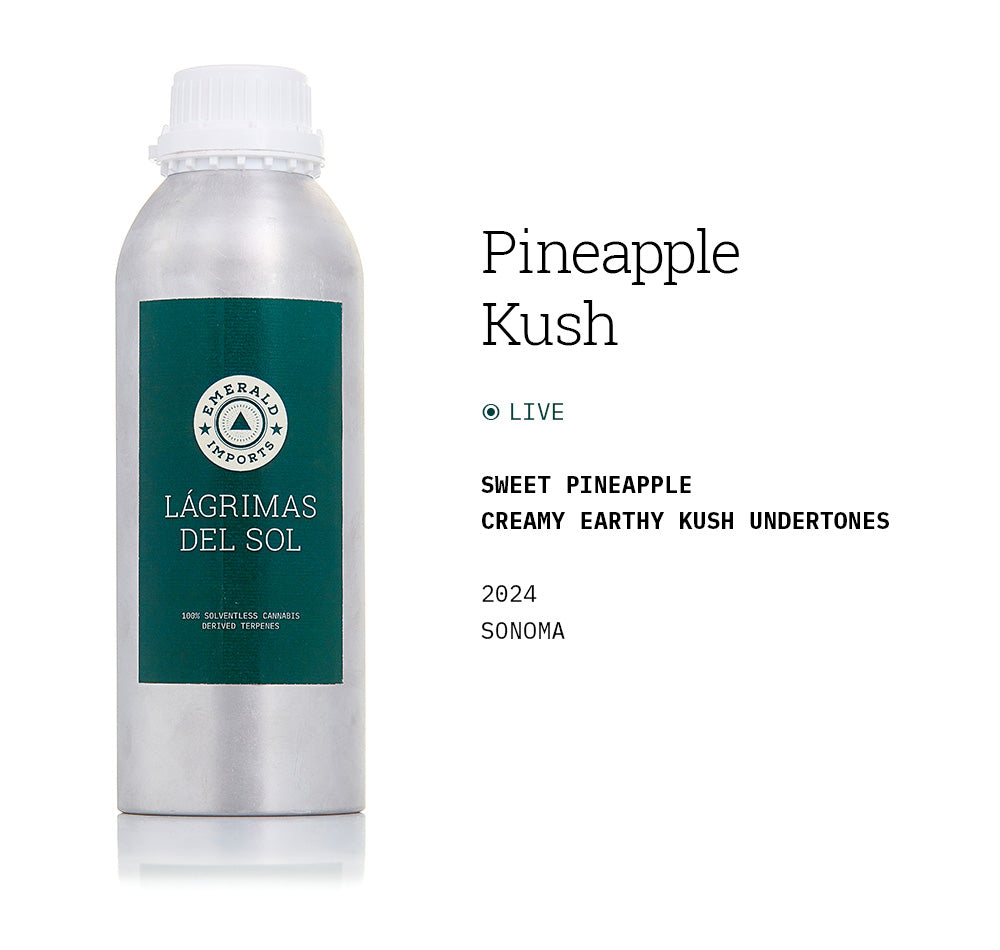 1000ml aluminum bottle with emerald green label, filled with organic Pineapple Kush solventless cannabis terpenes