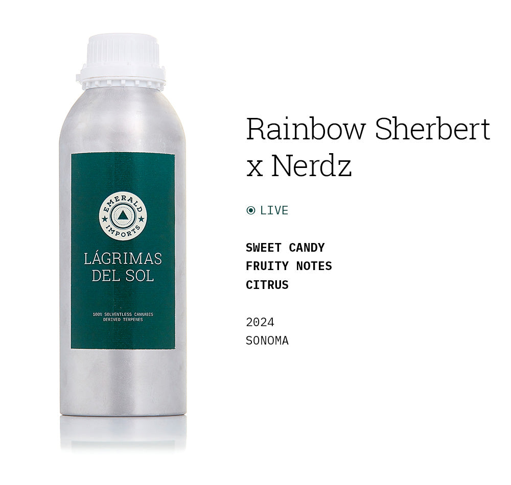 1000ml aluminum bottle with emerald green label, filled with organic Rainbow Sherbert x Nerdz solventless cannabis terpenes