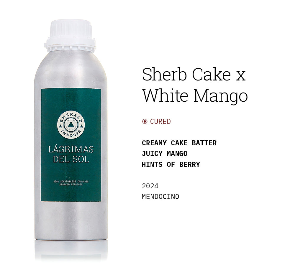 1000ml aluminum bottle with emerald green label, filled with organic Sherb Cake x White Mango solventless cannabis terpenes