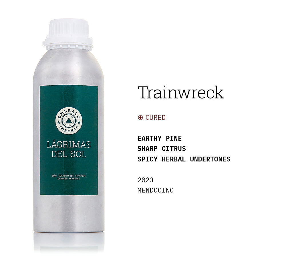 1000ml aluminum bottle with emerald green label, filled with organic Trainwreck solventless cannabis terpenes