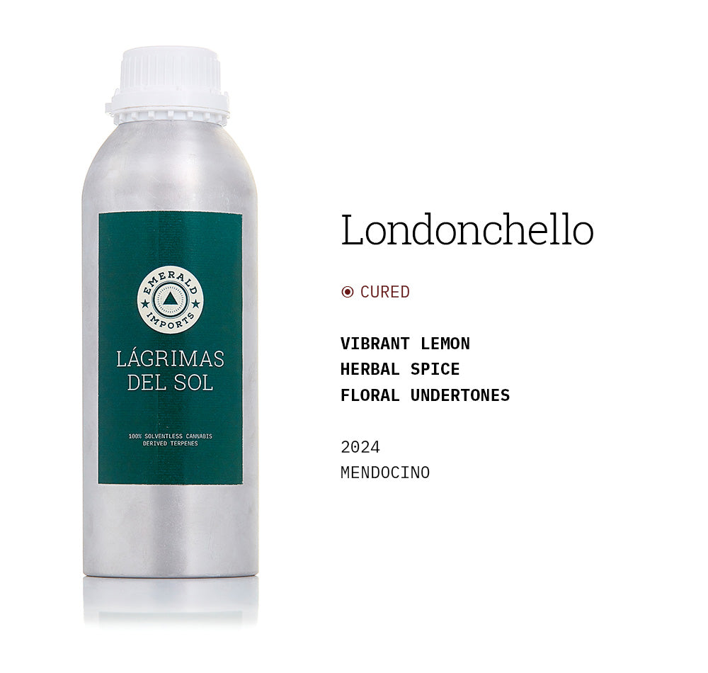 1000ml aluminum bottle with emerald green label, filled with organic Londonchello solventless cannabis terpenes